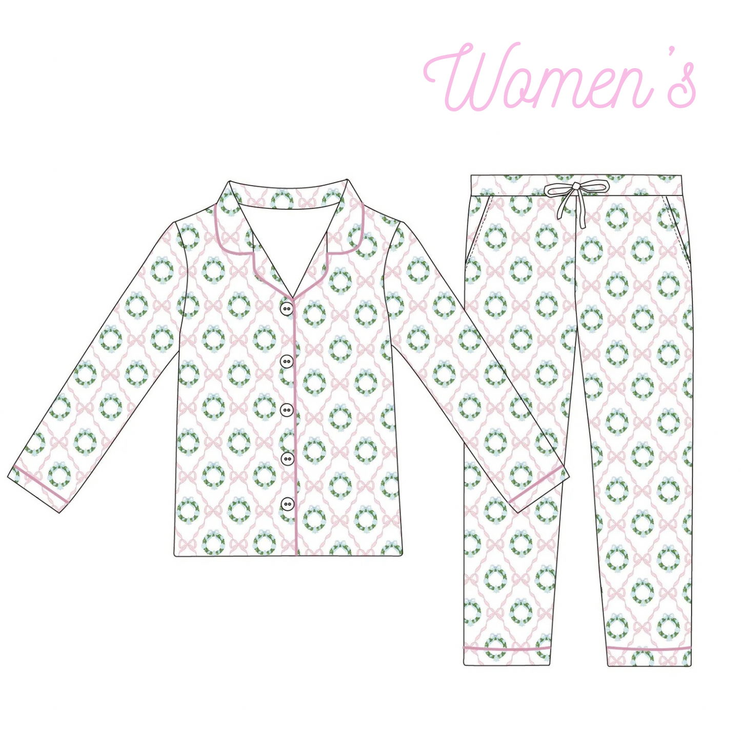 Pink Bows + Christmas Wreaths -Women’s Pajama Set Long (RTS)