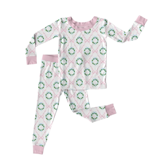 Pink Bows+ Christmas Wreaths Pajama Set
