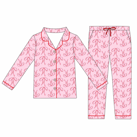 Red & Pink Bows Women’s Pajama Set Long (Ready To Ship)