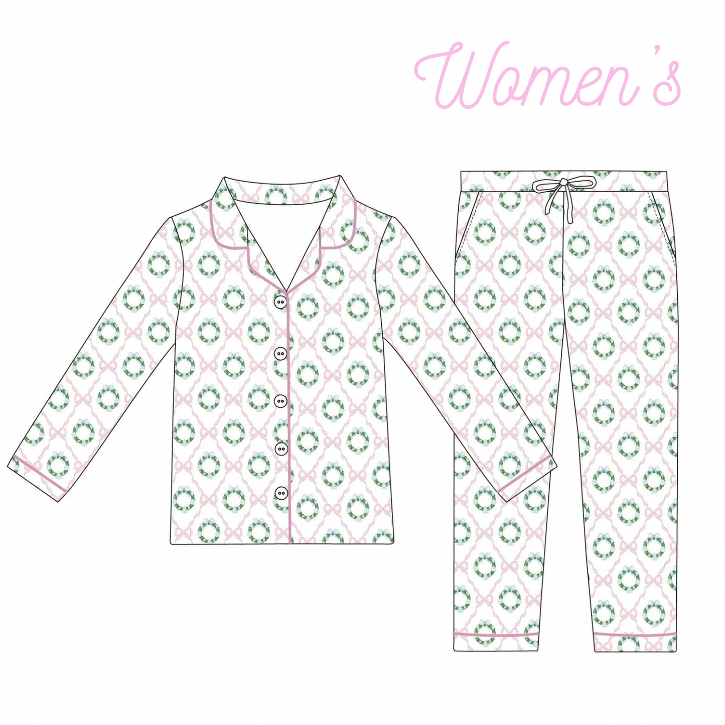 Pink Bows + Christmas Wreaths -Women’s Pajama Set Long (Ships Early November)