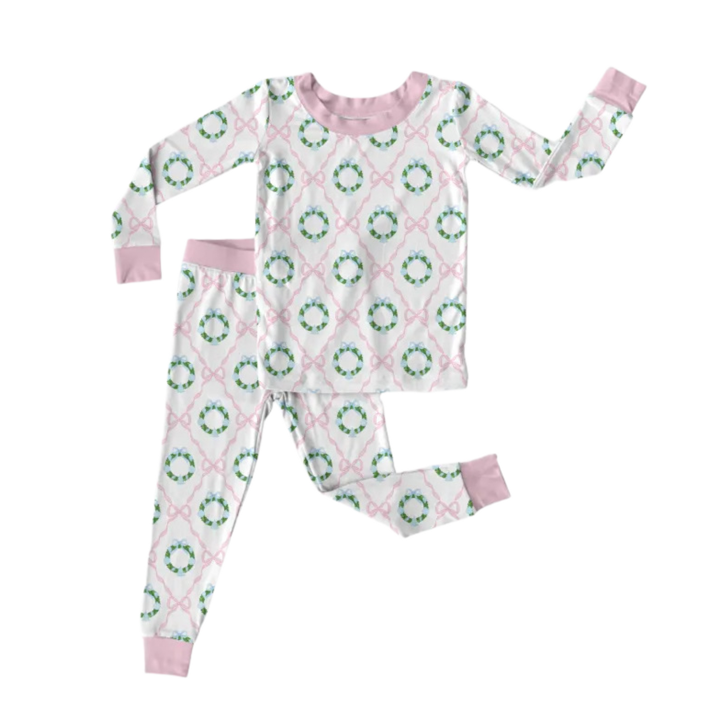 Pink Bows+ Christmas Wreaths Pajama Set (Pre-Order)