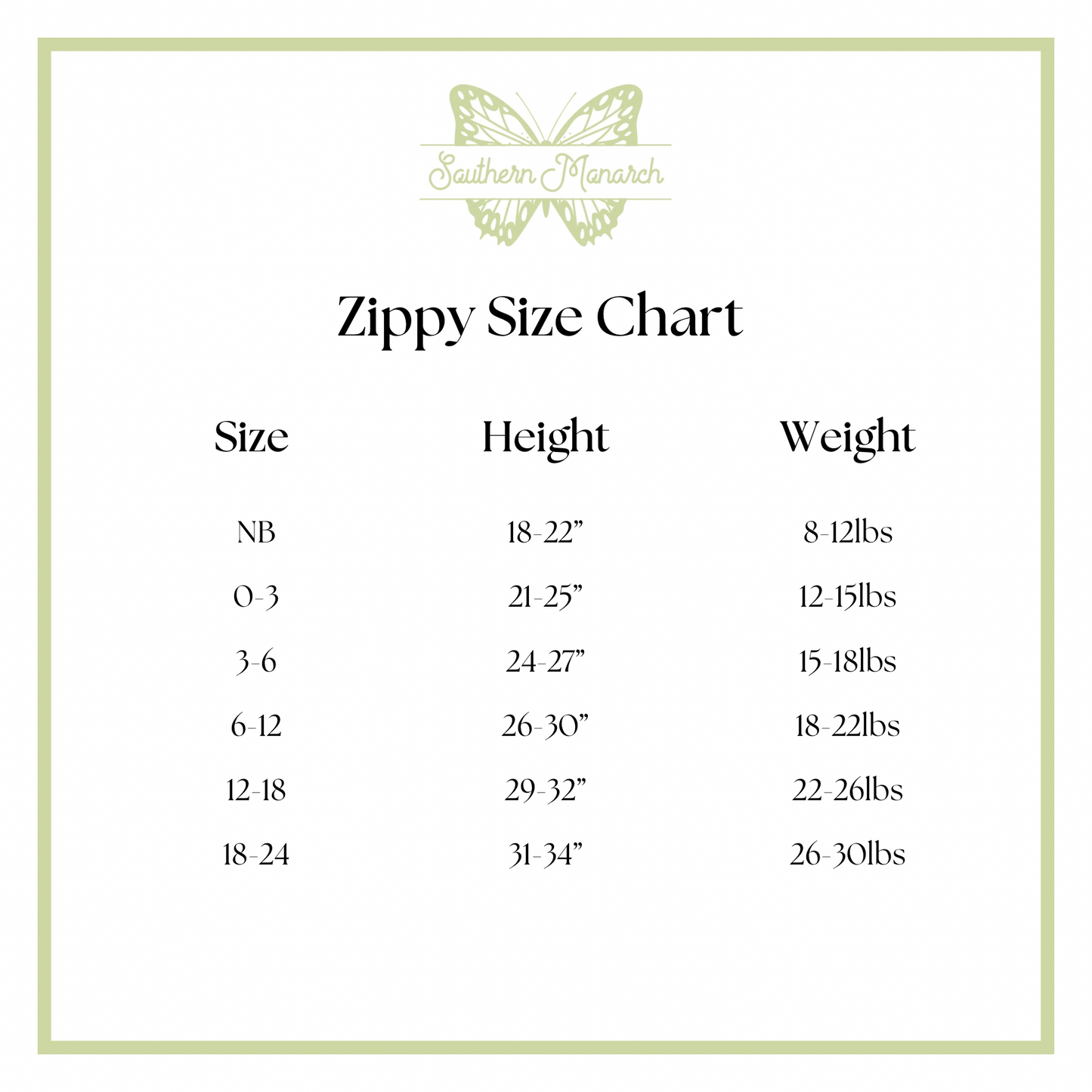 Zippy Size Chart